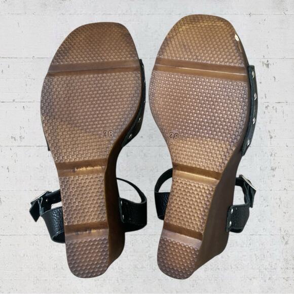 Christian Di Riccio Black Leather Platform Wedge Sandals Size 7.5 EU 38 Italy - Picture 7 of 8